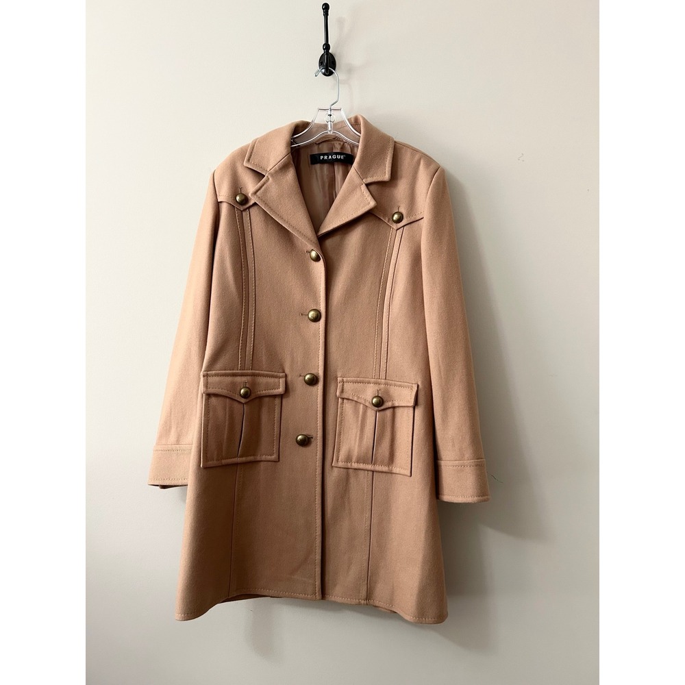 Prague Womens Camel Tan Military Cargo Button Up Mid Length Trench Coat Jacket